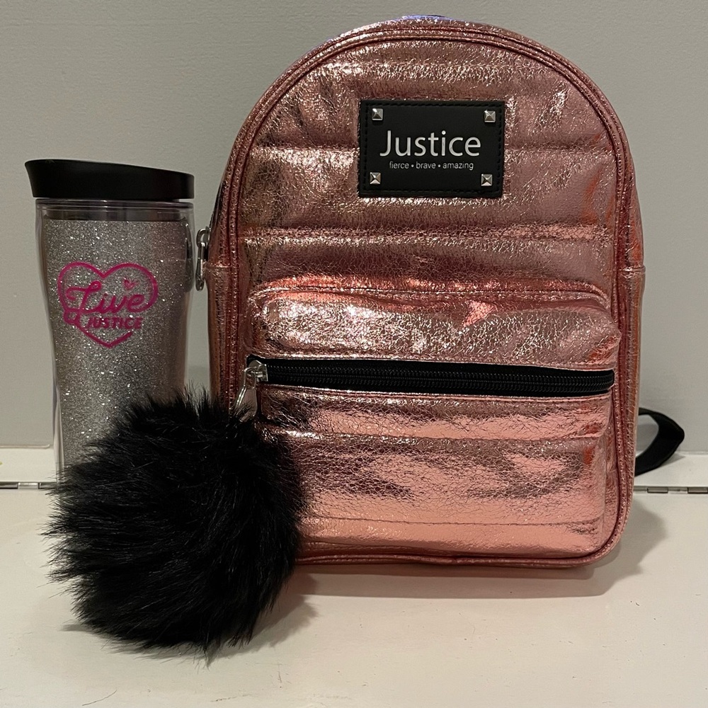 New Justice Metallic Pink Backpack with Black Pom Pom